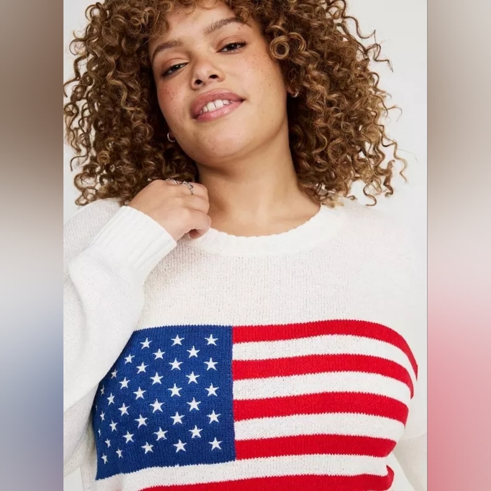 TORRID White Crewneck Sweater with Red White & Blue American Flag Graphic - Picture 13 of 15